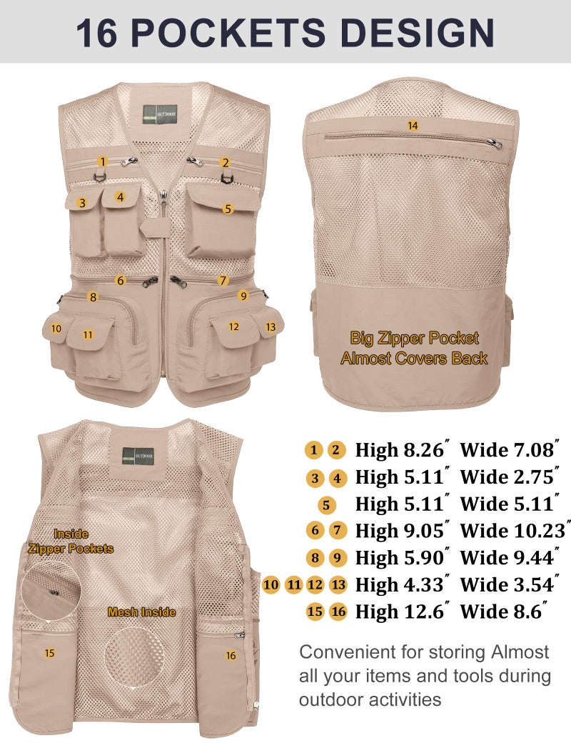 Flygo Men's Fishing Vest Utility Lightweight Outdoor Travel Safari Photo Cargo Vest with 16 pockets mesh Beige M - Image 2